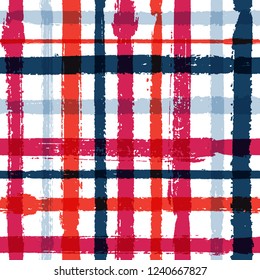 Overlapping lines chequered pattern seamless stripes background. Boho striped fabric print textile design. Vector intersecting lines kilt pattern. Structured cool crossed stripes grid.