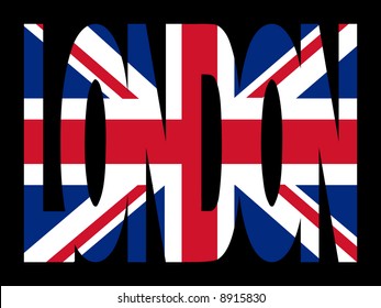 texto de Londres superpuesto con la ilustración de la bandera británica
