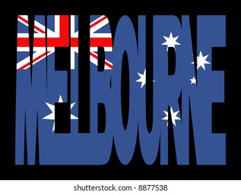 overlapping Melbourne text with Australian flag illustration