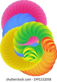 Overlapping multi color curved illustrations; coil formations.