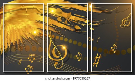 overlapping musical signs and symbols, translucent circles, flowing branch with leaves, abstract wing on a dark background. three art images in white frames. vector 