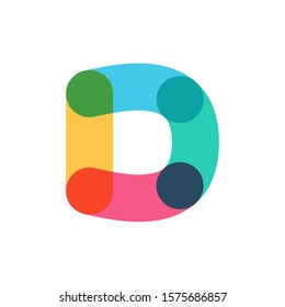 Overlapping one line letter D logotype. Curve rounded font. Vibrant glossy colors.