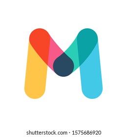 Overlapping one line letter M logotype. Curve rounded font. Vibrant glossy colors.