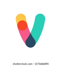 Overlapping one line letter V logotype. Curve rounded font. Vibrant glossy colors.