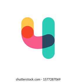 Overlapping one line number four logotype. Curve rounded font. Vibrant glossy colors.