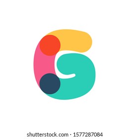 Overlapping one line number six logotype. Curve rounded font. Vibrant glossy colors.