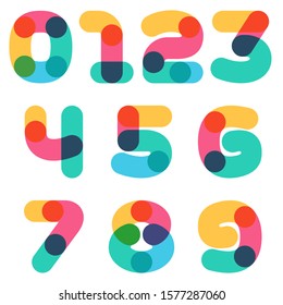 Overlapping one line set of numbers. Curve rounded font. Vibrant glossy colors.