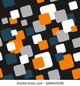 overlapping orange, azure, gray, white squares of different sizes with rounded corners are randomly located on a black background. seamless pattern. vector