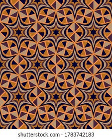 se recogen en grupos y se organizan en un orden específico las bandas naranja, beige, negro, marrón, segmentos, triángulos redondeados. hermoso patrón árabe sin costuras. vector
