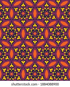 overlapping orange, yellow, burgundy rhombuses, stars, polygons, stripes, art forms are grouped and arranged in rows on a black background. beautiful seamless pattern. vector