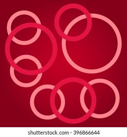 The overlapping pink and scarlet circle frame on dark red background. A simple bright geometric vector illustration with effect of perspective and shadows. Eight rings different size.