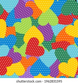 Overlapping polka dot rainbow hearts, seamless pattern of colorful hearts in red orange yellow green blue purple, pride