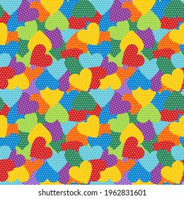 Overlapping polka dot rainbow hearts, seamless pattern of colorful hearts in red orange yellow green blue purple, pride