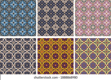 overlapping polygons, diamonds, segments, curved stripes are grouped and arranged in rows. vector set of six seamless patterns with Indian motives.