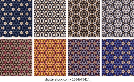 overlapping polygons and outline shapes are grouped and arranged in rows. vector set of eight classic arabic seamless patterns.