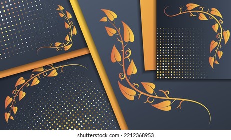 Overlapping polygons textured with golden circles and beautiful floral elements. 3D effect. Luxury background for your projects. Vector.
