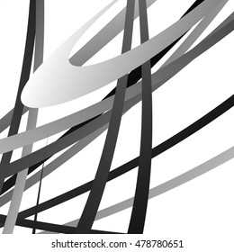 Overlapping random curved lines / shapes grayscale geometric pattern. Artistic illustration