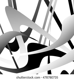 Overlapping random curved lines / shapes grayscale geometric pattern. Artistic illustration