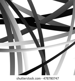 Overlapping random curved lines / shapes grayscale geometric pattern. Artistic illustration