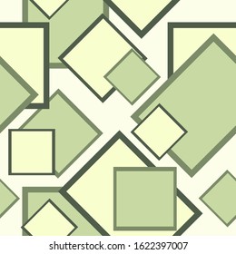 overlapping rectangles, rhombuses, squares of green tones with a dark stroke are randomly arranged on a beige background and form a light geometric seamless pattern. vector