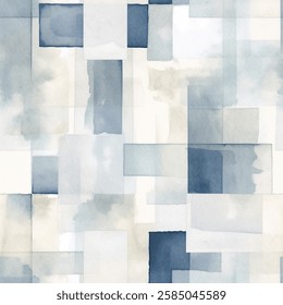 overlapping rectangles and squares in various shades of blue and gray, creating a watercolor effect. The soft, muted colors blend together, giving a calming and abstract appearance