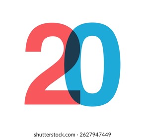 Sobrepondo 20 dígitos vermelhos e azuis com efeito transparente, evoca modernidade, alegria, energia. Design de número de aniversário para branding, gráficos de evento, materiais promocionais. Ilustração vetorial.