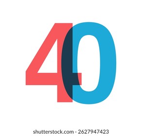 Sobrepondo 40 dígitos vermelhos e azuis com efeito transparente, evoca modernidade, alegria, energia. Design de número de aniversário para branding, gráficos de evento, materiais promocionais. Ilustração vetorial.