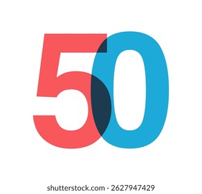 Overlapping red and blue 50 digits with transparent effect, evokes modernity, joy, energy. Anniversary number design for branding, event graphics, promotional materials. Vector illustration.