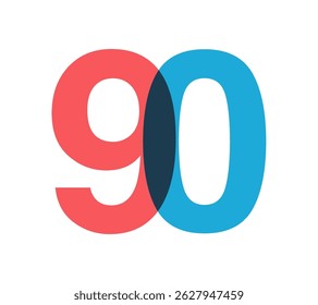 Sobrepondo 90 dígitos vermelhos e azuis com efeito transparente, evoca modernidade, alegria, energia. Design de número de aniversário para branding, gráficos de evento, materiais promocionais. Ilustração vetorial.