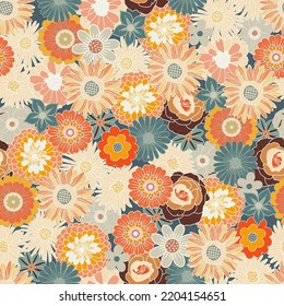 Overlapping Retro Funky Flowers  Vector Seamless Pattern