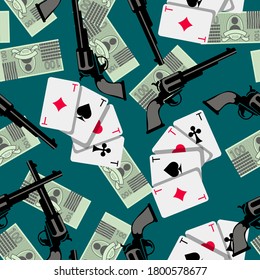 Overlapping revolvers, ace cards and abstract banknotes randomly arranged on an azure background. beautiful gangster seamless pattern. vector
