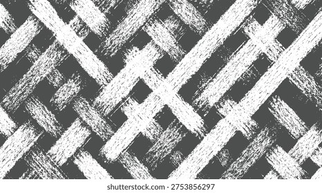 Overlapping rough white brush strokes form a crisscross pattern against a dark gray background, offering a textured and visually dynamic abstract