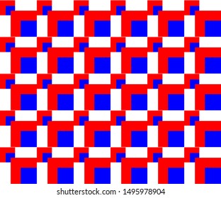 The overlapping seamless pattern of red and blue overlaps. Geometric abstract background suitable for tile motifs.