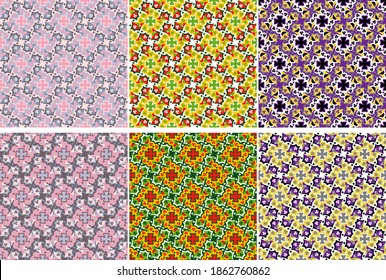 overlapping segments, polygons, cruciform shapes, stars, cloverleaf silhouettes are grouped and arranged in rows. set of six variegated seamless patterns. vector