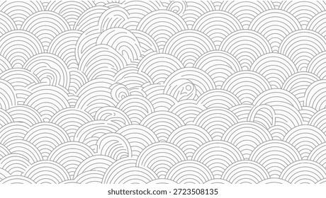 Overlapping semicircles and arcs create a dynamic, textured monochrome pattern. Ideal for backgrounds, wallpapers, and graphic design.