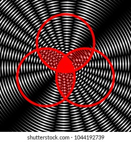 Overlapping sets in math., overlapping circles, 3 intersecting circles. Vector. Red icon on white and black radial interference as background.