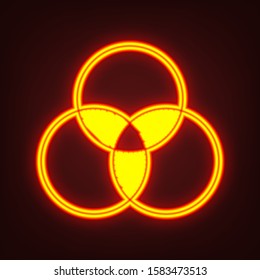 Overlapping sets in math., overlapping circles, 3 intersecting circles. Yellow, orange, red neon icon at dark reddish background. Illumination. Illustration.