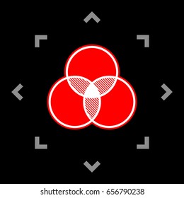 Overlapping sets in math., overlapping circles, 3 intersecting circles. Vector. White icon in gray focus like mandala on black background.