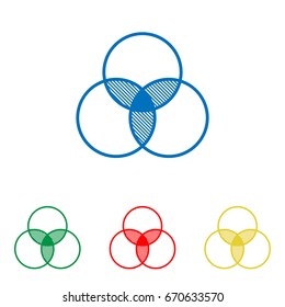 Overlapping sets in math., overlapping circles, 3 intersecting circles. Vector. Big blue flat icon with red, green and yellow small icons at white background. Isolated.