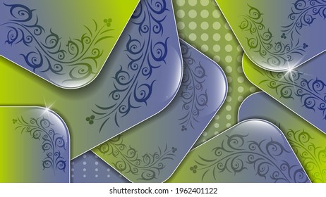 formas brillantes de color verde-azul con esquinas redondeadas y elementos vegetales pintados. vector 