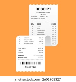 Overlapping Shopping Receipts with Barcode on Orange Background Vector Illustration
