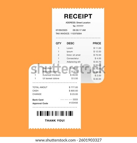 Overlapping Shopping Receipts with Barcode on Orange Background Vector Illustration