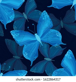 Overlapping silhouette of butterflies in shades of blue colour on dark deep blue background. Seamless vector pattern.