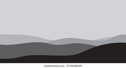 Overlapping smooth wavy forms in shades of grey, creating a minimalist, abstract landscape with a gradient effect.