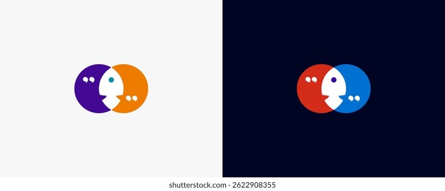 Bolhas de fala sobrepostas formando um design de rosto, diálogo e logotipo de conexão