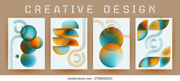 Esferas superpuestas, conjunto de diseño de semicírculos. Composición limpia con geometría abstracta suave. El flujo lineal se encuentra con el equilibrio circular. Adecuado para diseños de revistas creativas.