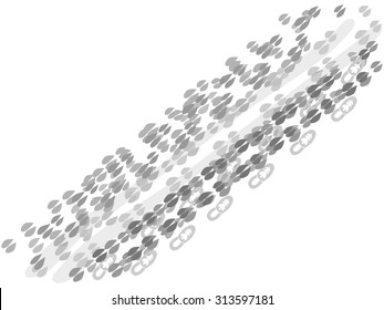 Overlapping traces of sledge and reindeer hooves on each side sleds four types of fingerprints, trace the head of the animal in the middle. Male tracks right from the sled. Traces overlap.