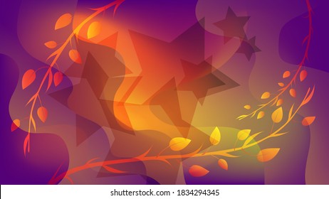 overlapping translucent stars and shapes with wavy edges, smoothly curved branches with leaves against a background of a mixture of purple and orange colors. beautiful abstract wallpaper. vector
