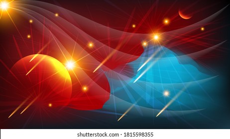 overlapping translucent wavy shapes, planets, meteorites, flashes of light in the red aquamarine black sky. beautiful futuristic landscape. vector illustration
