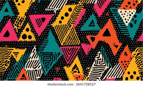 Overlapping triangles in pink teal yellow and orange on a black dotted background with hand drawn lines stripes and dots create a vibrant energetic and playful abstract geometric pattern